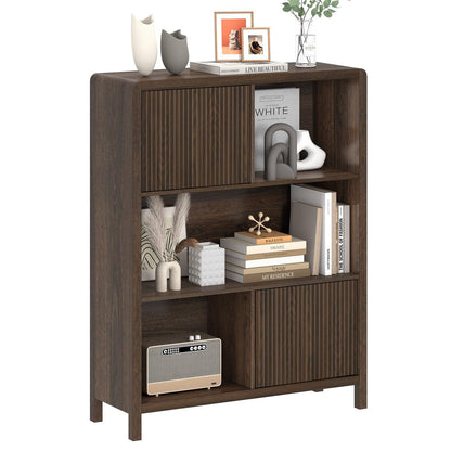 FATORRI Cube Bookshelf with 2 Doors, 4 Tier Wooden Bookcase, 5 Cube Storage Organizer for Home Office (Dark Walnut)