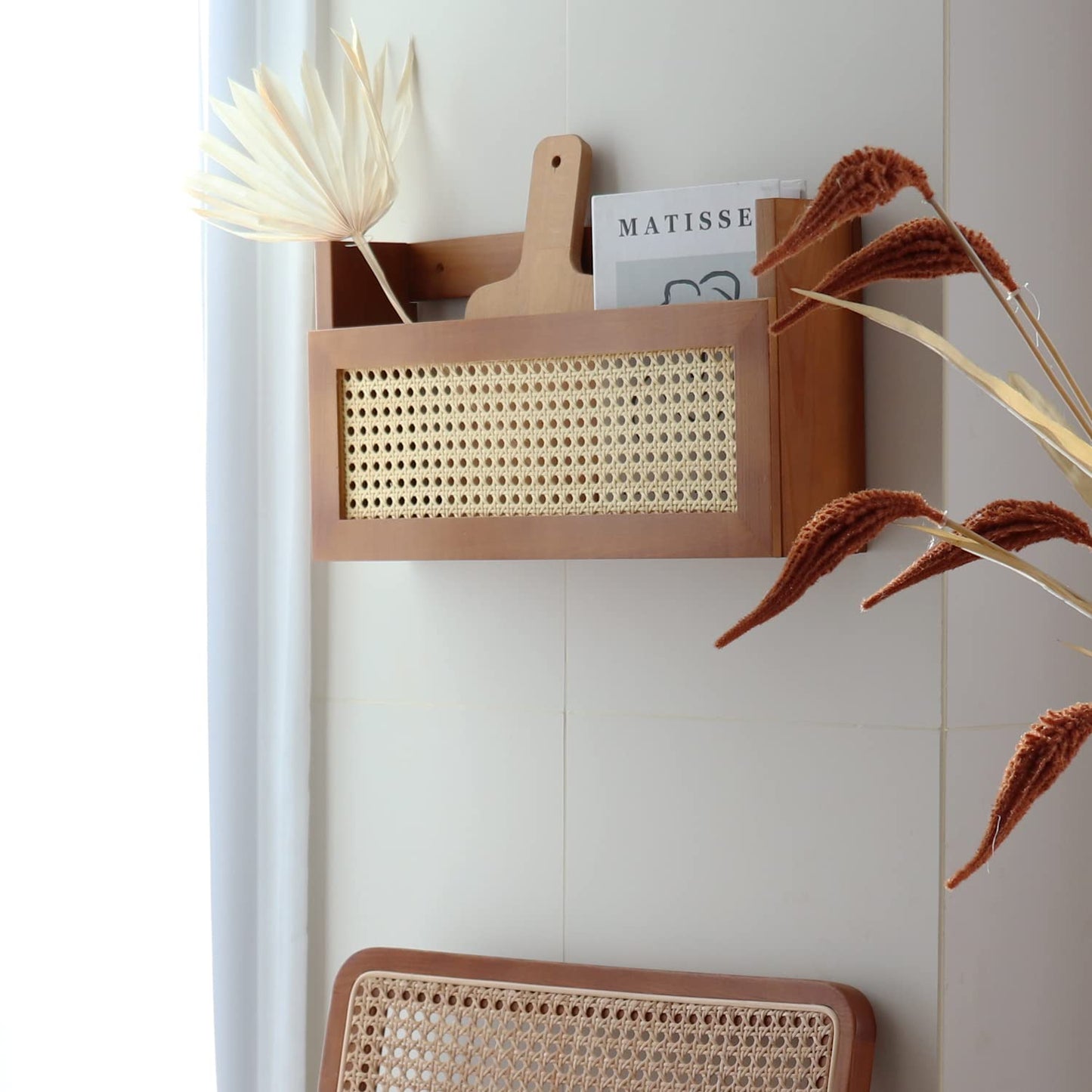 FRIADE Wall Wood Magazine Rack with PE Rattan Grid,Size 17.3" x 4" x 9.4",File Holder For Entryway, Living Room, Waiting Room, Kids’ room,Office（Brown）