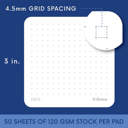 Notsu Dot Grid Sticky Notes 4pk | Premium Thick Paper 120gsm | Dotted Memo Pads with Date, 3" x 3"