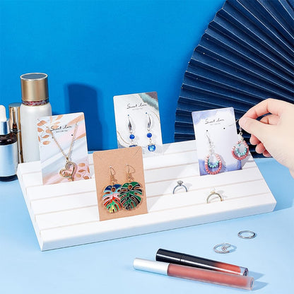 PH PandaHall 5 Slots Wooden Card Display Stand, White Jewelry Organizer Earring Card Holder Photo Table Displays for Earrings Bracelet Ring Jewelry Business Cards Selling Retail, 11.8x4.7 inch