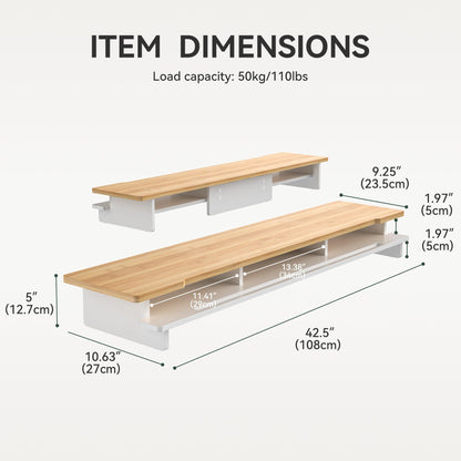 WELL WENG Monitor Stand Dual Monitor Stand Riser for Desk,Wood Desk Shelf Storage Organizer with Phone Tablet Holder (42.5 Inch, White & Natural Bamboo)