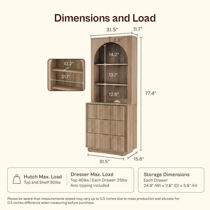 mopio Brooklyn 3 Drawer Bookcase for Bedroom, Chest of Bookcase, Wood Shelf Organizer, Modern Farmhouse, Tall Night Stand, Enhanced Safety, Sturdy Compliant Oak (Oak w Hutch)