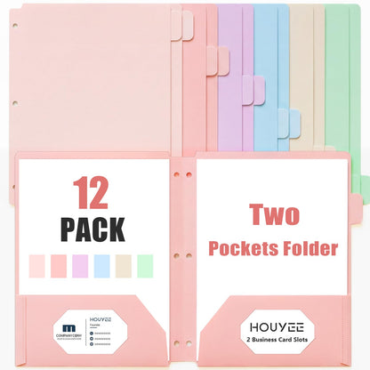 HOUYEE 12 Pack Plastic Folders with Pockets 3 Hole Punched, 2 Pockets File Folders for 3 Ring Binder, with 2 Business Card Slot, 1/6 Cut Tabs & Labels, for Letter Size, School Office Home Bussiness