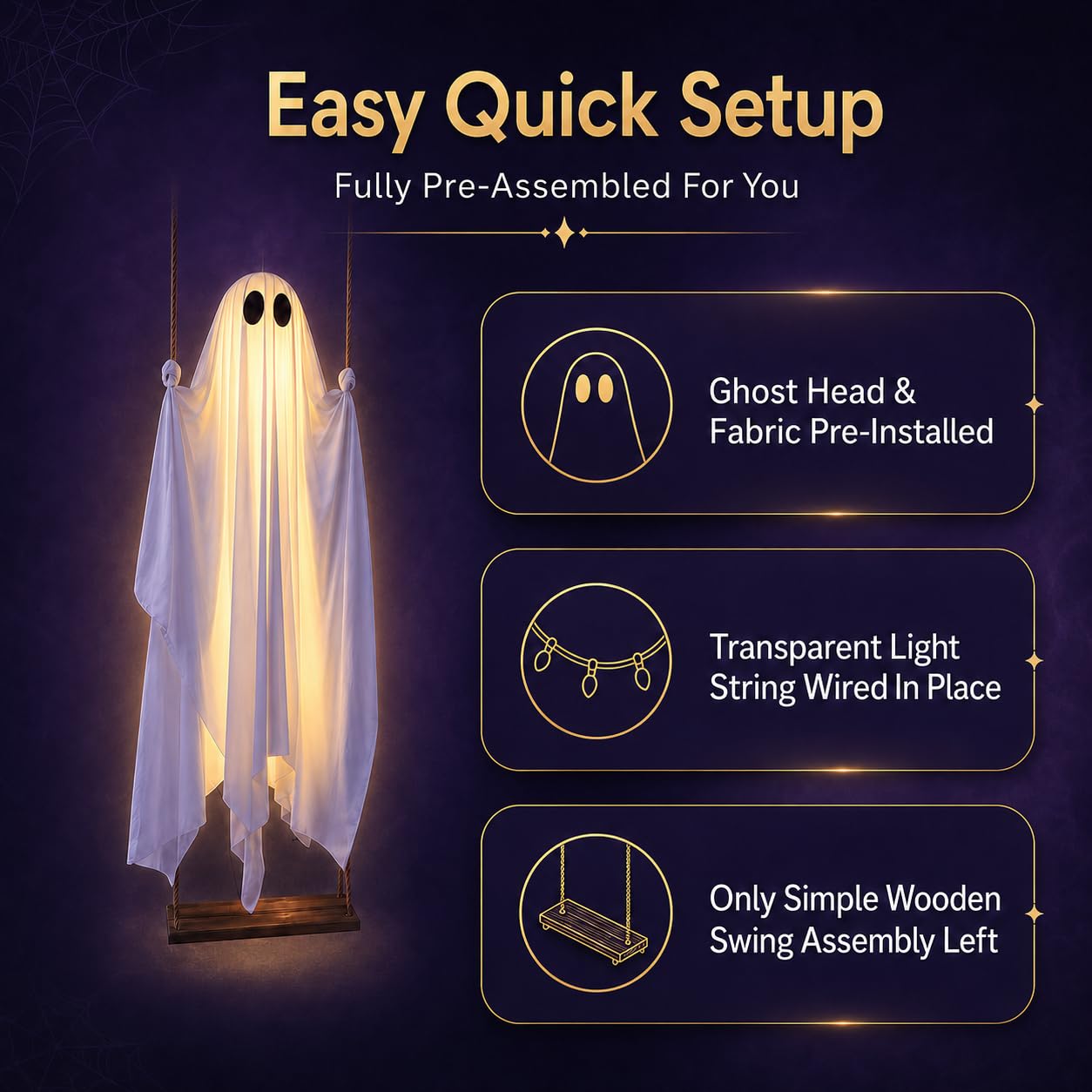 Halloween Decorations Outdoor - 5FT Large Hanging Swing Ghost with Remote Control String Lights & Upgraded Sheet, Scary Ghost Halloween Party Decor Outside for Tree Porch Yard Garden Lawn