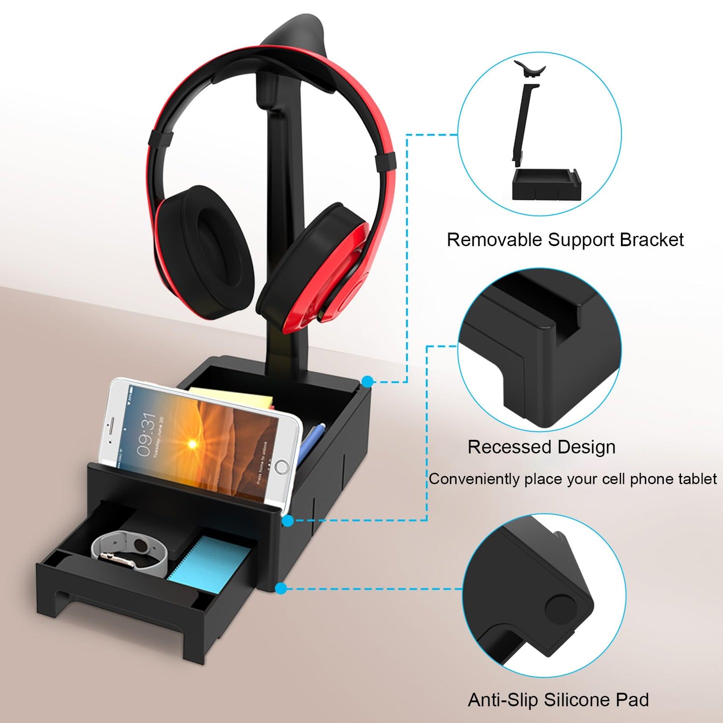 COOSKIN Headset Holder,Desktop Headphone Stand with Desk Storage Earphone Mount Headset Hanger Headphone Rack
