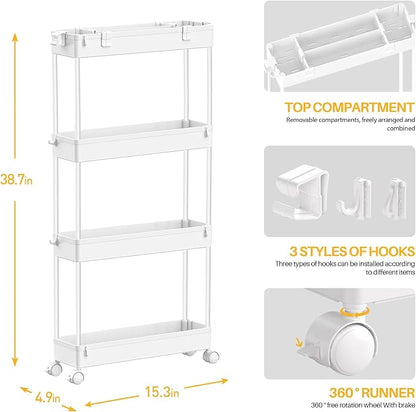 SPACELEAD Slim Storage Cart 4 Tier,Bathroom Organizer Rolling Utility, Mobile Shelving Unit Slide Out for Office, Kitchen, Laundry Room & Narrow Places,White