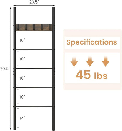 Tangkula Blanket Ladder, 5-Tier Ladder Shelf with 5 Removable Hooks, Wall-Leaning Decorative Blanket Holder with Metal Frame, Industrial Towel Display Rack for Living Room, Bathroom