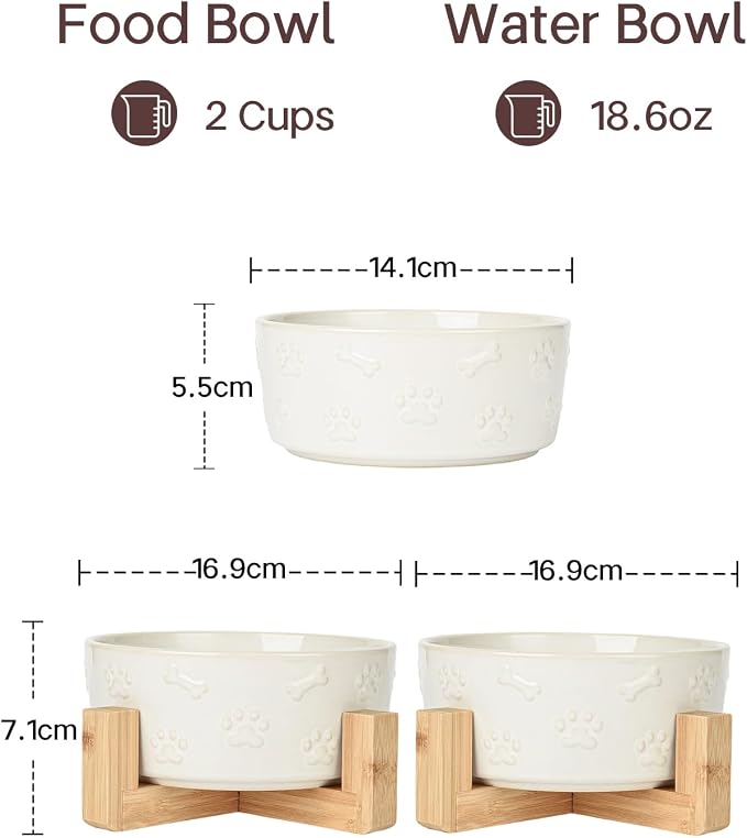 Small Dog Bowls with Stand, 5.5 inch Ceramic Dog Food Water Bowl Set for Small Dogs Puppy Cats Pet Feeding Dish, White with Cute Pattern