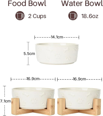 Small Dog Bowls with Stand, 5.5 inch Ceramic Dog Food Water Bowl Set for Small Dogs Puppy Cats Pet Feeding Dish, White with Cute Pattern