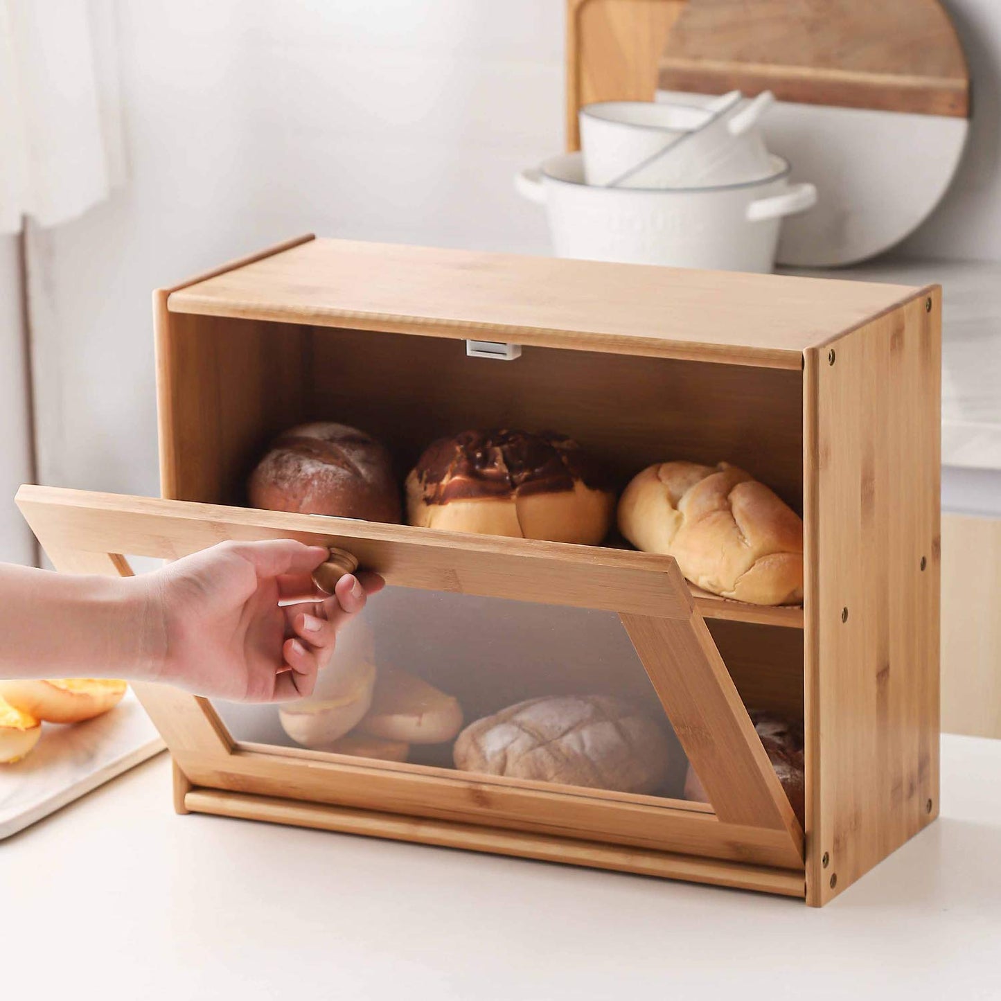Bread Box, 2 Layer Bamboo Bread Boxes with transparent windows for Kitchen Food Storage, Equipped with three transparent glass storage Kitchen Canisters，15.7" x 6.69" x 12", (Assembled)