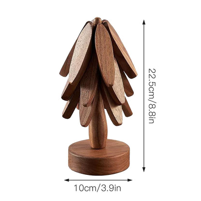Wooden Tree Coasters, Trivets for Hot Dishes, Trivets for Hot Pots and Pans, Wooden Tree Trivet Set - 3 or 4 Wooden Trivet + 1 Stand, Christmas Coasters (Walnut,4pcs-A)