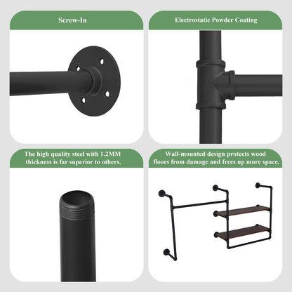 EDCB Industrial Pipe Wall-Mounted Clothing Rack with 2 Wood Shelves - Heavy Duty Double Rod Metal Garment Organizer for Bedroom/Retail Stores, Black (30H×12.5D×59W inch)
