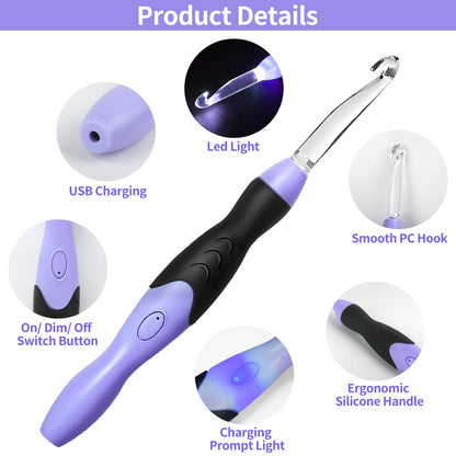 Light Up Crochet Hook Sets, 11 Sizes Interchangeable Lighted Crochet Hook Set, LED Rechargeable Crochet Hooks for Dark Yarn, Ergonomic Grip Crochet Kit for Beginners Crochet Needles Kit with Case