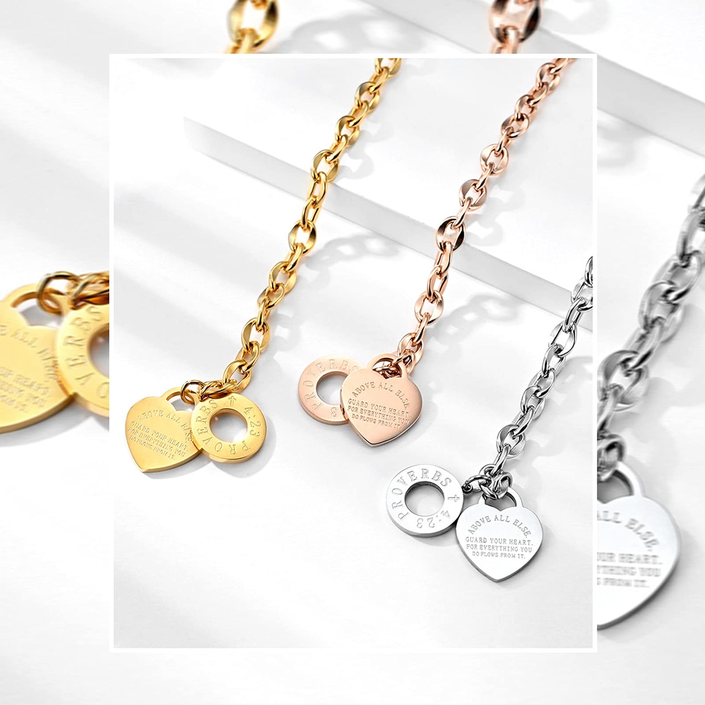 Emibele Heart Charm Bracelet for Women, Bible Verse Bracelet Stainless Steel 18K Gold Plated Bracelet Love Pendant Link Chain OT Clasp, Birthday Christmas Jewelry Present for Mother Her, Silver