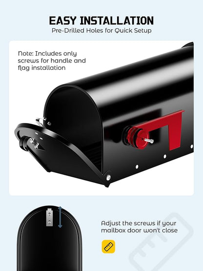 AZUNO Mailboxes for Outside, Black Metal Post Mount Mailbox with Red Flag & Address Numbers, Medium Capacity Mailbox for House,Galvanized Steel,19 * 8.9 * 7.1 inches