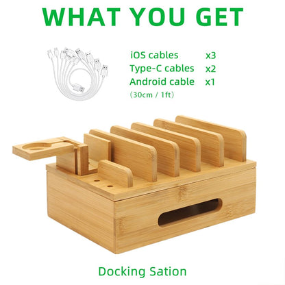 Bamboo Charging Station with Watch Stand, Desktop Charging Station Organizer, Wood Docking Station for Phones, Tablets, Watch, Earbuds (No Power Supply)