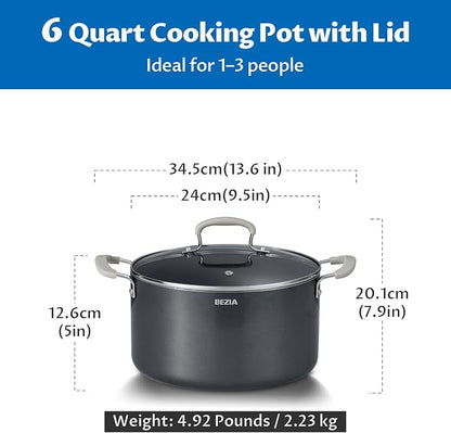 6 Quart Nonstick Stock Pot with Lid - BEZIA Ceramic Soup Pot for Small Families, Induction Cooking Pot with Stay-Cool Silicone Handles, Easy Cleanup, Perfect for Side Dishes, Daily Meals & Camping