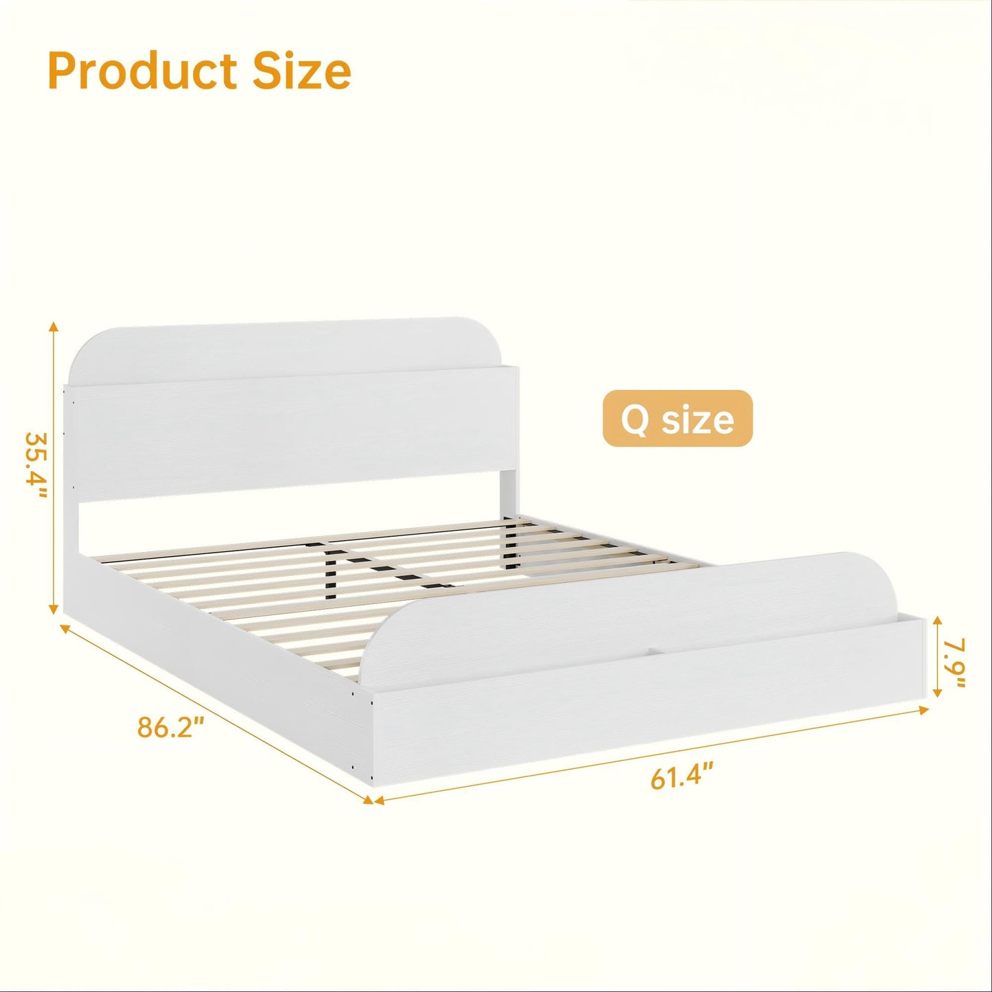 GarveeHome Queen Size Bed Frame, Wooden Beds with Storage Headboard and Raised-Foodboard, Queen-Floor Low Platform Bed for Bedroom, Sturdy Wooden Slats Support, No Box Spring Needed, White