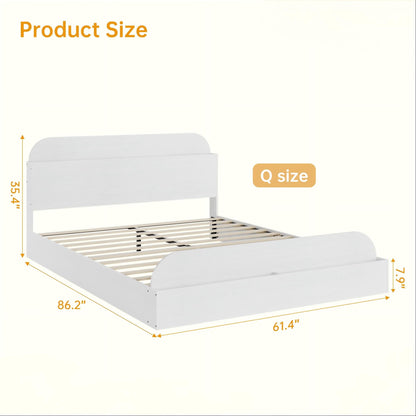 GarveeHome Queen Size Bed Frame, Wooden Beds with Storage Headboard and Raised-Foodboard, Queen-Floor Low Platform Bed for Bedroom, Sturdy Wooden Slats Support, No Box Spring Needed, White