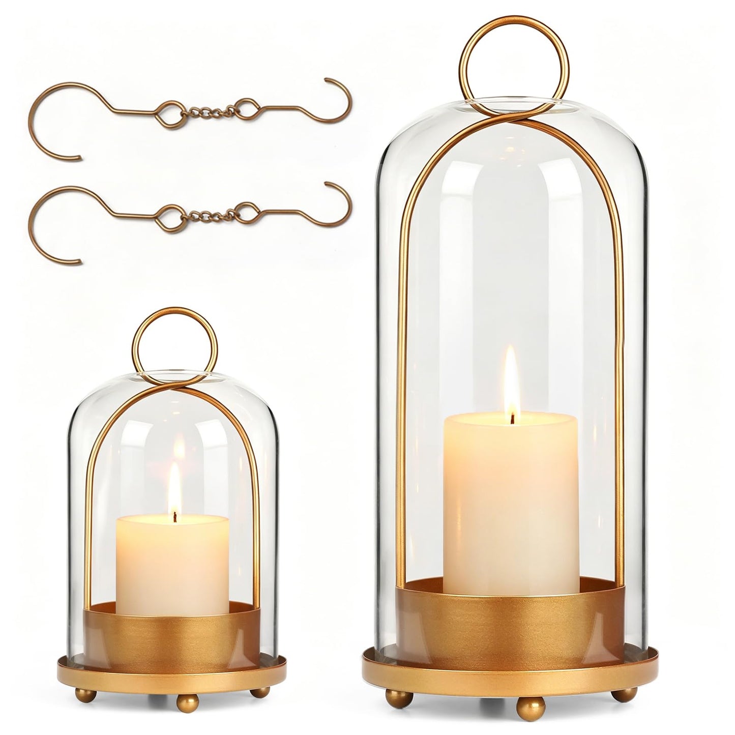 GLUUFLOWER 5"&4" Hurricane Glass Candle Holder Set - Hanging Pillar Candle Lantern with Glass Chimney, Metal Frame for Wedding Centerpieces Dining Table Mantel Holiday Home Decor