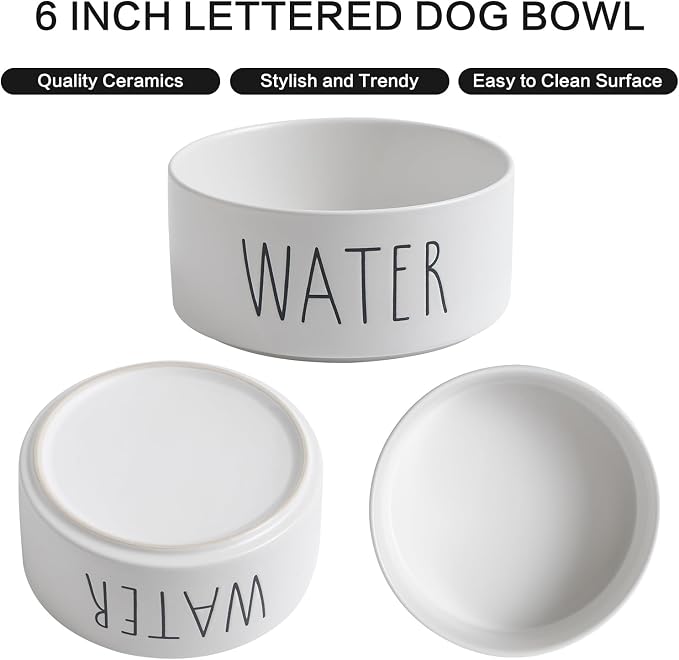 Ceramic Dog Bowls Set of 2 - Weighted Dog Dishes with Food & Water Lettering for Small and Medium Dogs, Food Grade Pet Bowl, Dishwasher & Microwave Safe (6 inch, 2 * 30oz, White)