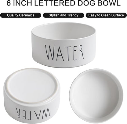 Ceramic Dog Bowls Set of 2 - Weighted Dog Dishes with Food & Water Lettering for Small and Medium Dogs, Food Grade Pet Bowl, Dishwasher & Microwave Safe (6 inch, 2 * 30oz, White)