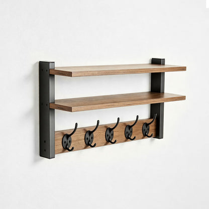 FOMAYKO Wall Hooks with Doubel Wood Shelves, 17 Inch Coat Hooks with Shelf, Wall-Mounted, Entryway Hanging Shelf with 5 Metal Hooks for Clothes Hats Towel Purse, Bathroom Bedroom, Rustic Brown Black