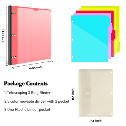 INFUN Telescoping Project Organizer Binder,13 Pocket, Customizable Front Cover, 5 Colors Pocket Divider and Plastic Binder Pocket，225 Sheet Capacity-Red