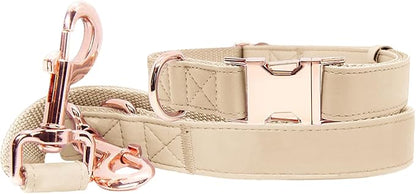 Soft Leather Dog Collar and Leash (6.6') Set - Stylish Rose Gold Heavy Duty Metal Buckle, 4 Adjustable Lengths Leash for Small Medium Large Dogs - Comfortable & Easy to Clean Beige XS(8"-12")