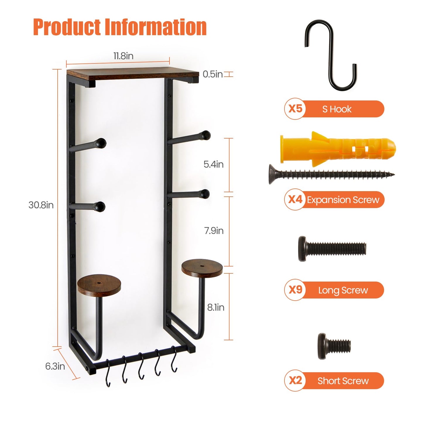 Skateboard Wall Mount Rack with Wood Shelf — 2-Board Display Hanger for Longboard & Skateboard Deck, 2 Round Wooden Helmet Holders & 5 Hooks, Steel & Wood, Home Bedroom Garage Organizer (Black)