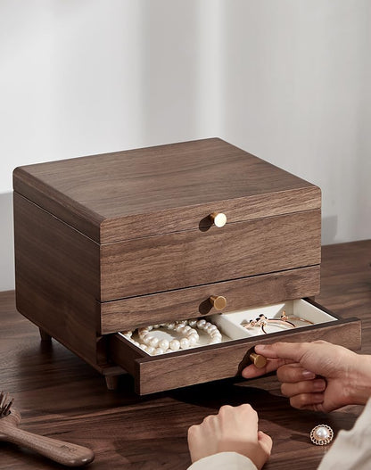 CHOSIN Wooden Jewelry Box, 3 Layer Large Jewelry Organizer for Women, Black Walnut Wood, Jewelry Storage for Necklaces Rings Earring Watches Bracelets, Fathers Day Gift (No Mirror)