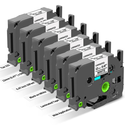 Freshworld 6-Pack Replace for Brother Label Maker Refills TZe-231 12mm 0.47 Black Ink on White Tape Laminated Compatible with Brother Label Maker Tape for P-Touch PTD210 D220 H110 H111 D410 610BT CUBE