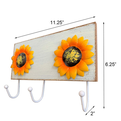 YUMBOR Rustic Wooden Sunflower Wall Hook Keys Aprons Towel Hanger Kitchen Wall Decor Flower Wall Holder Countryside Farmhouse Wall Decoration for Home Kitchen Entryway Office-(White)