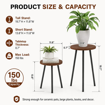 SAKSUN 2 Pack Plant Stand Set: Small Round Plants Stand Indoor Wood Grain Plant Tables with Metal Legs - Indoor Outdoor Plant Stands for Living Room, Bedroom, Patio, Balcony, Brown, 150 lbs Capacity
