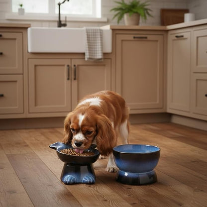 Nihow Dog Food & Water Bowls: Elevated Ceramic Bowls for Medium/Small Dog | Food Safe Raised Puppy Bowls - Vivid Blue Pet Bowl for Protecting Pet's Spine (Set of 2)
