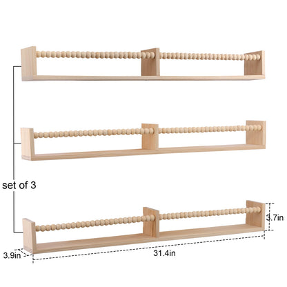 birola Nursery Book Shelves for Kids Rooms - 32 Inches Wall Book Shelves Set of 3, Space-Saving Nursery Shelves with Beads Design for Kids Room, Bedroom and Study Room(Natural)