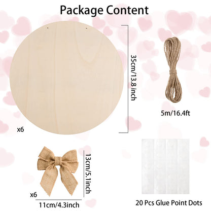 6 Pcs 14 Inch Wood Circles for Crafts Unfinished Wooden Slice Blank Round Wooden Door Hanger Sign Round Wood Discs with Bows,Twine, Glue Point for DIY Craft Christmas Home Holiday Decor,5 mm Thick