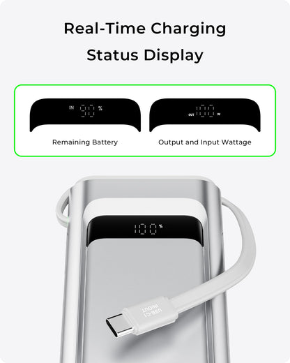 TALIX 100W Laptop Portable Charger,3-Port USB-C Fast Charging Power Bank 10000mAh Battery Pack with Built-in Retractable Cables for MacBook,Computer,Cell Phones,iPhone 17,iPad,Android,Samsung,Silver