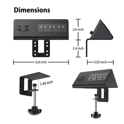 Nightstand Edge Mount Power Strip with USB-C Ports Tabletop Surge Protector Desk Clamp Power Sockets with 3 AC Outlets &4 Fast Charging USB Ports for Home Office Hotel and Dormitory (Black(2-Pack))