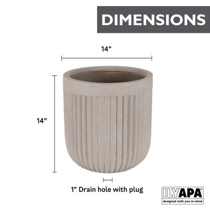Ilyapa 14x14 inch Fluted Large Modern Concrete Outdoor Planter, Large Indoor Plant Pot with Drainage - 14 Inch Pots for Plants, Indoor/Outdoor
