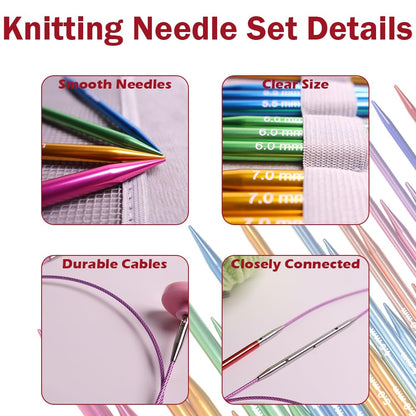 Lewhoo Circular Knitting Needles Set with Case,11 Pairs Interchangeable Aluminum Circle Needles with 5 Cables 3.0~8.0mm Multicolored