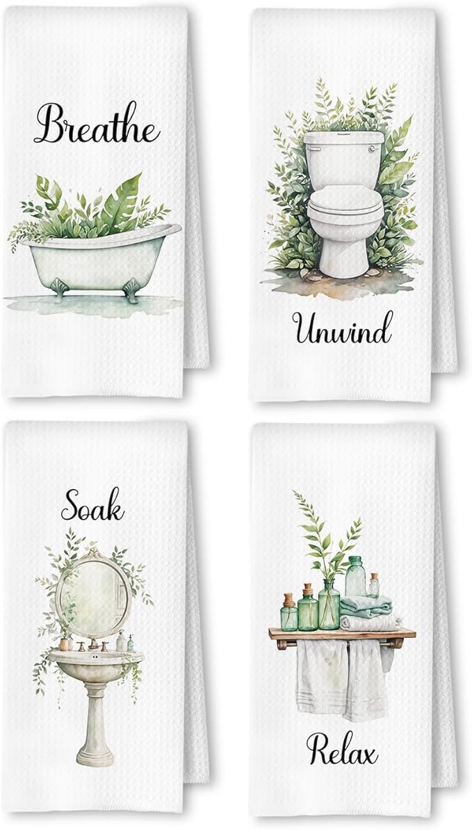 Boho Farmhouse Bathroom Hand Towels Set of 4, Relax Breathe Soak Unwind