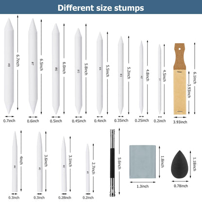 AGPTEK 48 PCS Sketch Drawing Tools, 20 Blending Stumps Set and 2 Sandpaper Pencil Sharpeners, Pencil Extension, Erasers,20 sponge replacement heads & 1 Felt Bag for Student Sketch Drawing Accessories