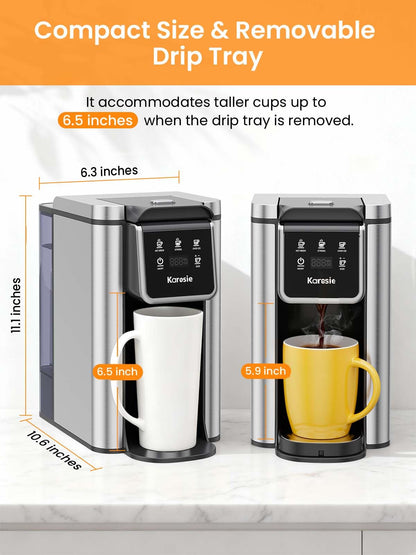 Karosie K Cup Coffee Maker, Hot & Iced Coffee Maker for K Cup and Grounds, 6-14 Oz Brew Sizes, 50oz Removable Tank, Single Cup Coffee Maker with Descaling Reminder, Stainless Steel, Black