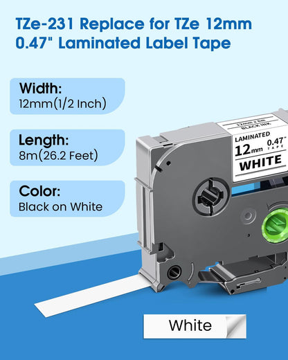 10-Pack TZe-231 TZe 12mm 0.47 Inch Laminated White Compatible for Brother TZe231 TZ-231 Label Tape Work with Ptouch PTD200 PTD202 PTD210 PTD600 PTD400 PTH100 PTH110 PT1280 Label Maker, Black on White