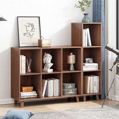 IOTXY Freestanding Open Cubes Bookcase - 2-Tier Floor Standing Wooden Storage Display Cabinet Organizer with Legs for Home Office, 4-Cubes Open Shelf Low Short Bookshelf, Walnut