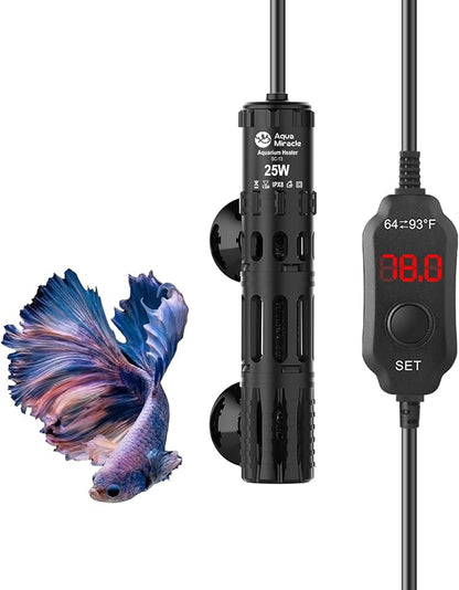 AquaMiracle Submersible Aquarium Heater, 25W Fish Tank Heaters with LED Digital Temp Display, Dry-Run Auto Power-Off & Overheat Protection, for Freshwater and Saltwater Tanks (3-5 Gal)