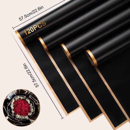 FVSEC 440 Sheet Flower Wrapping Paper Floral Bouquet Paper With Gold Edge Korean Wrapping Paper for Florist Supplies DIY Gift Wedding Anniversary, 23 x 23 Inch (Black)