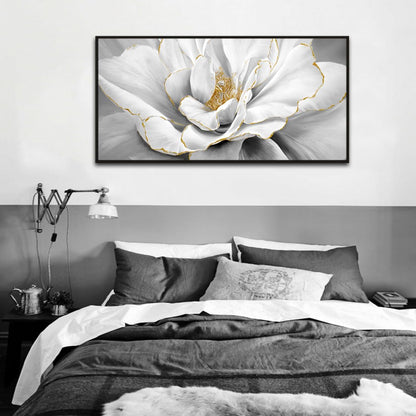 Woxfcart Framed Peony Floral Wall Art, Black and White Dahlias Flower With Gold Accents Print Canvas Artwork for Gray Living Room Bedroom Office Decor, 48 x 24 Inch