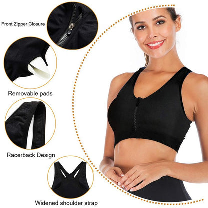 Women's Wireless Post-Surgery Zip Front Sports Bra | Medium Support Yoga Activewear Bra for Workout Recovery